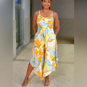 MSK Vibrant Leaf Print Jumpsuit Women's Size Medium Yellow/Blue Dressy Casual